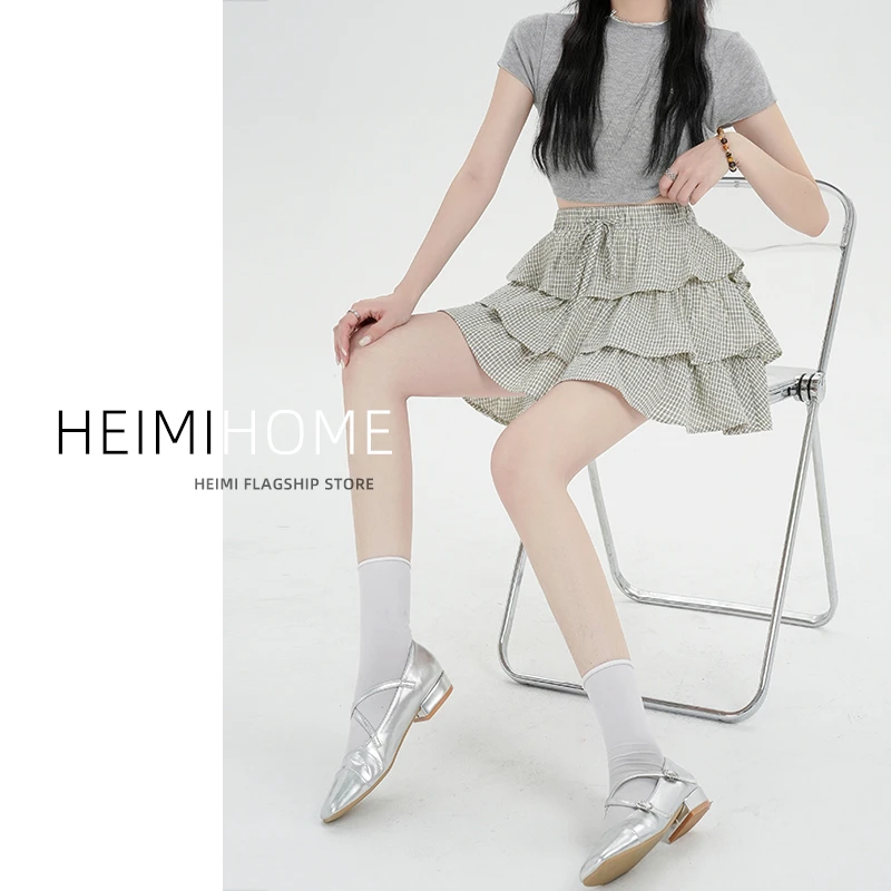 复古杏色格子半身裙女夏季小个子a字蓬蓬裙子高腰芭蕾风蛋糕短裙