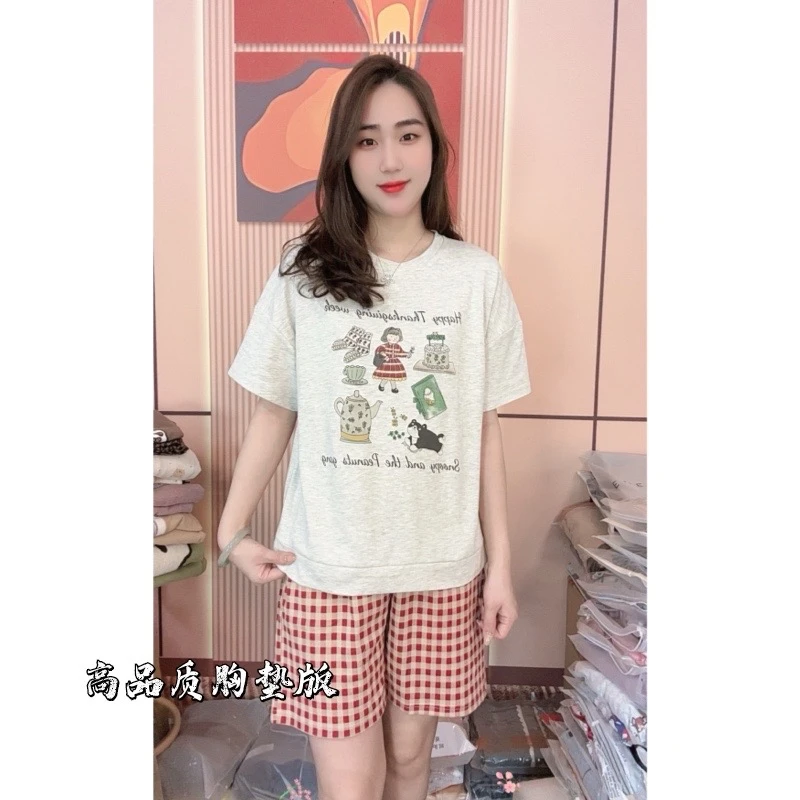 胸垫版夏季女款纯棉睡衣卡通圆领短袖休闲家居服套装（茶话会）