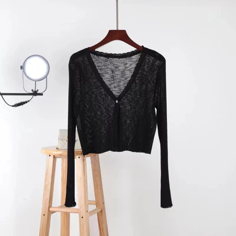 魅鹊 春夏花边钉珠百搭短款针织小开衫