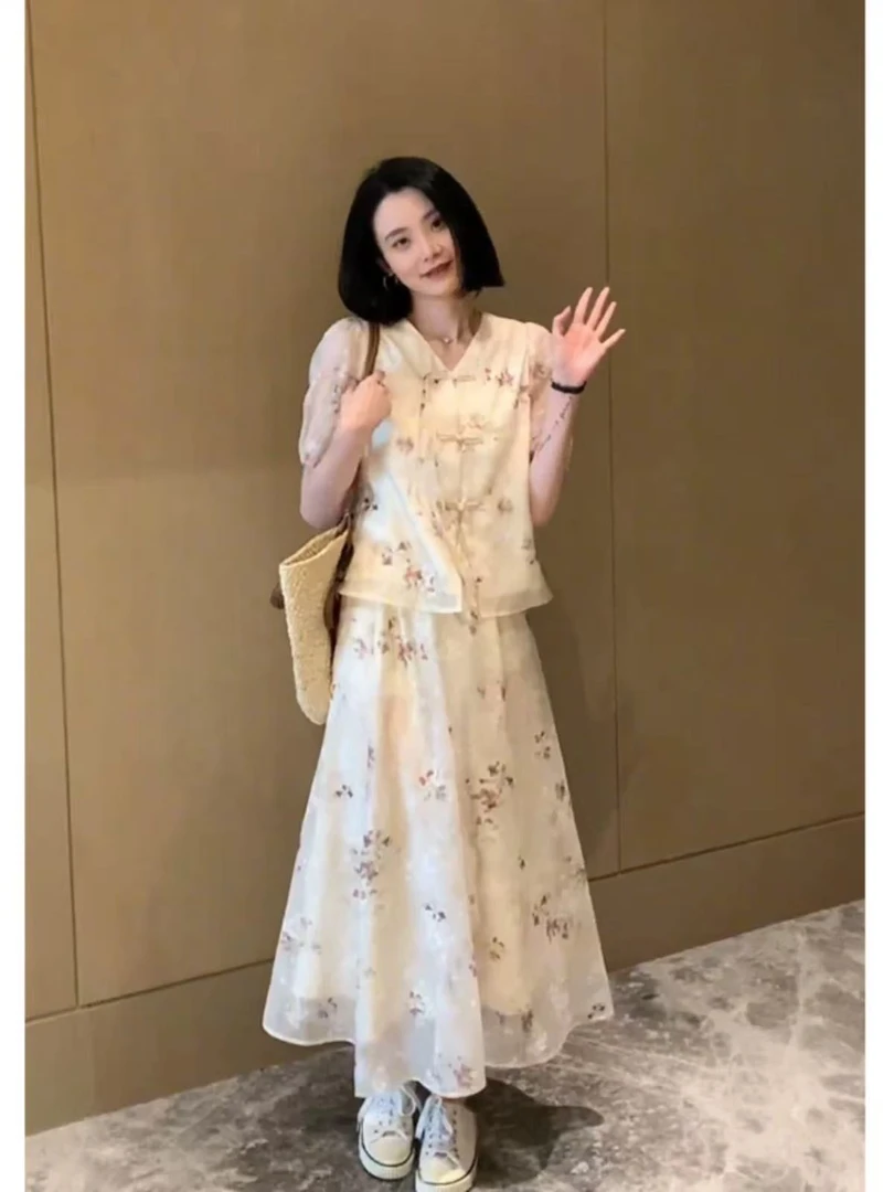 女装2025年春夏新款时尚新中式盘扣小衫+半身裙两件套250303-2503