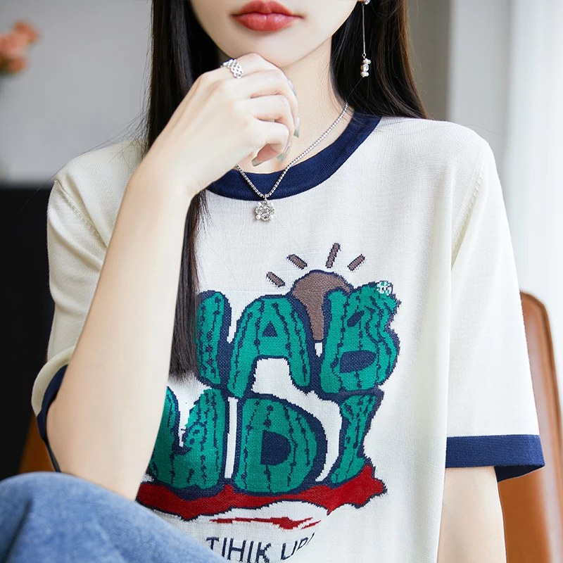 MZ.干爽柔软字母印花女式拼色短袖针织衫100%莱赛尔T恤NSY392