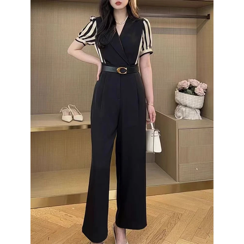 X1088#高级感时尚休闲薄款条纹拼接连体裤收腰显瘦阔腿裤