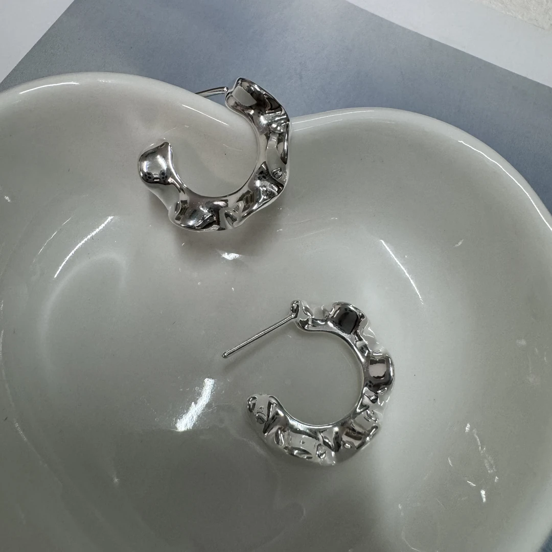925银耳饰 波浪花边/S925银设计款凹凸褶皱简约法式小众ins耳环
