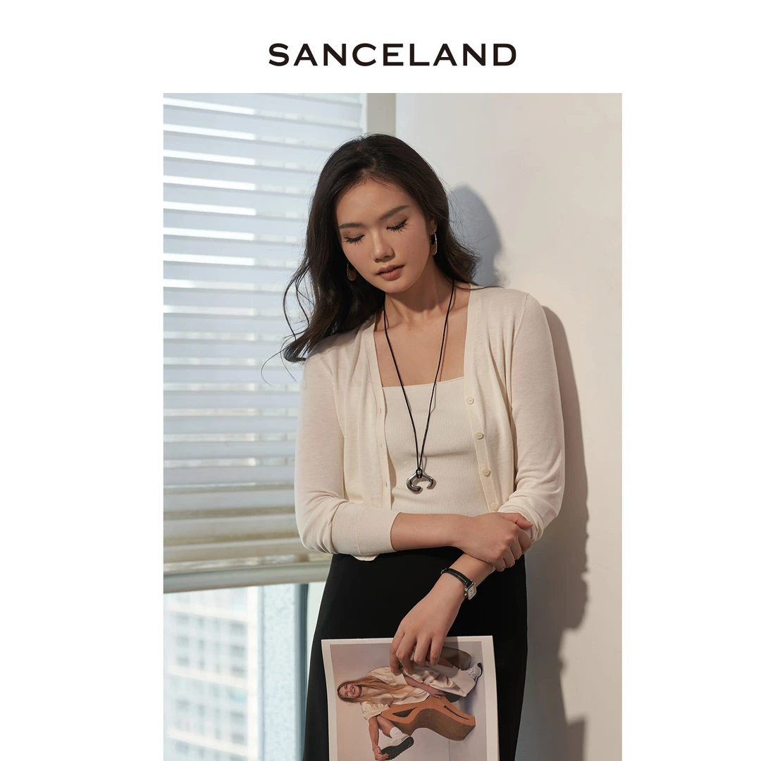 SANCELAND三石一澜夏白色丝棉V领针织开衫薄女高级简约SH25501158