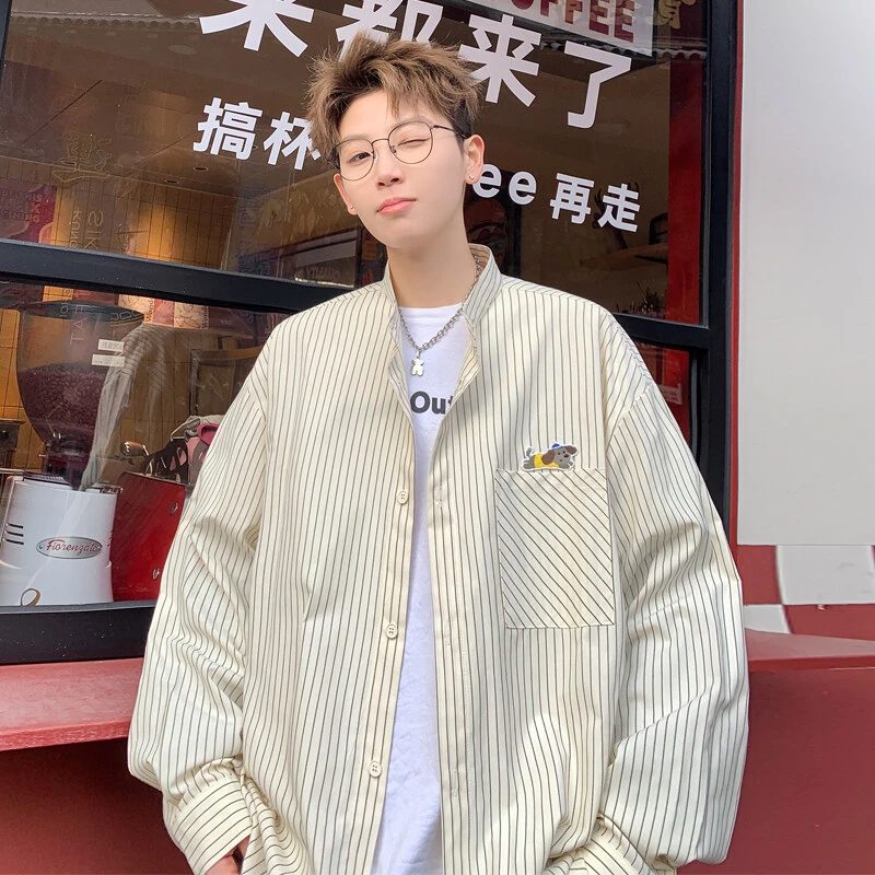 春秋港风男士大码条纹长袖衬衫外套男士复古休闲百搭宽松立领衬衣