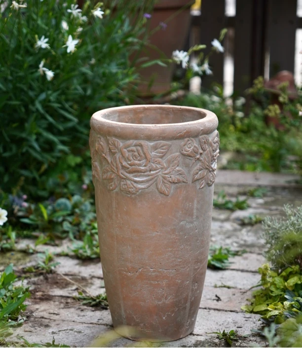 高筒浮雕玫瑰花盆手工花盆粗陶盆红陶花盆