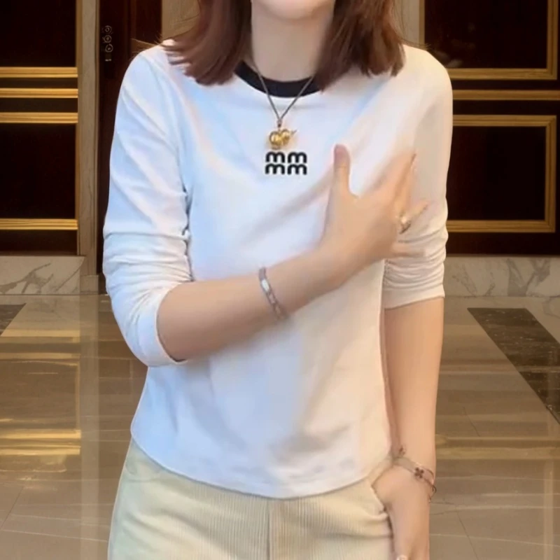 拼色领小众字母设计T恤长袖打底新款上衣LK2507149