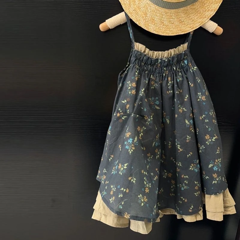 韩国童装女童连衣裙2025夏装韩版复古碎花女宝宝吊带裙儿童无袖裙