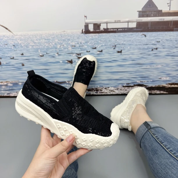 夏季新款圆头蕾丝透气网面舒适百搭一脚蹬厚底渔夫鞋687