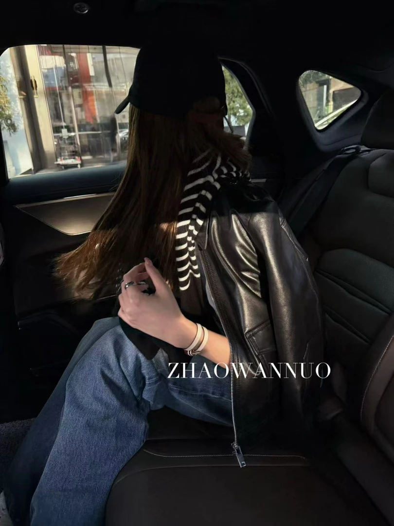 ZHAO WANNUO 丨 Kha*te黑色小羊皮夹克皮衣外套NC0257