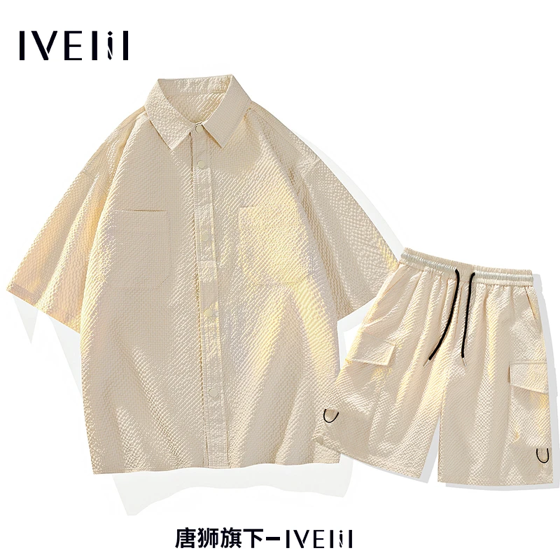 唐狮集团IVEIII港风潮男衬衫运动短袖套装男夏季宽松透气速干外穿