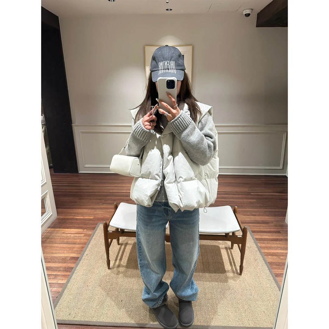 翻领拉链大口袋宽松休闲棉服马甲外套长袖毛衣水洗蓝猫须牛仔裤女