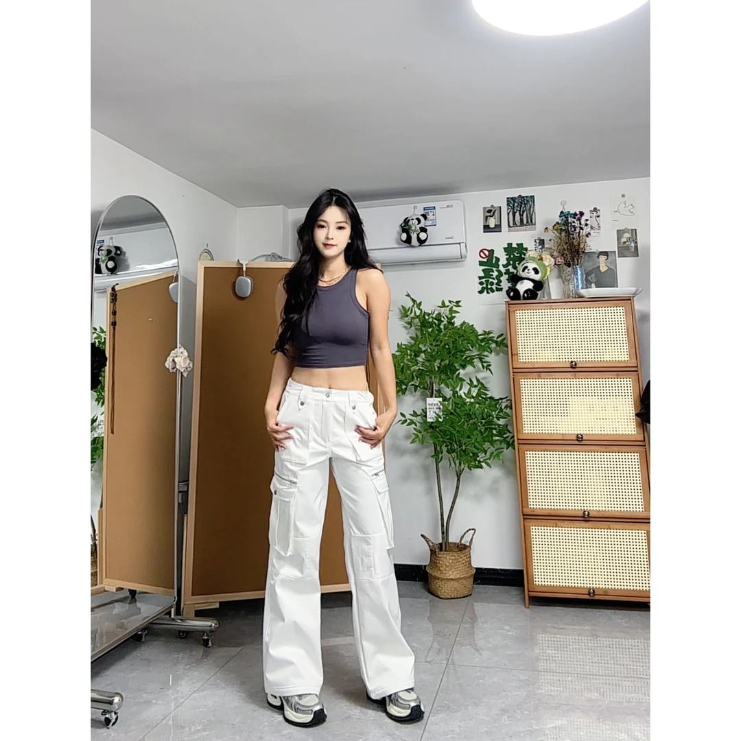 工装裤休闲裤高腰阔腿裤薄款口袋拉链设计感长裤多口袋拖地拼接