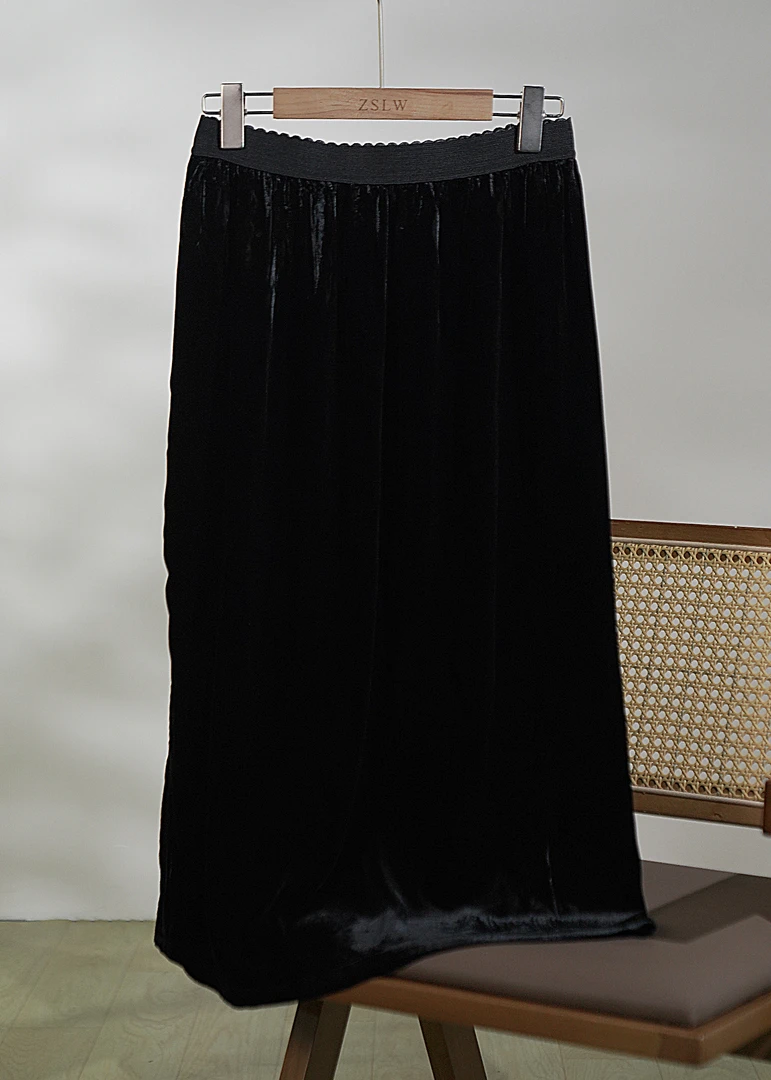 【雅靓】100%桑蚕丝新款丝绒直筒半裙休闲高腰气质显瘦纯色1377