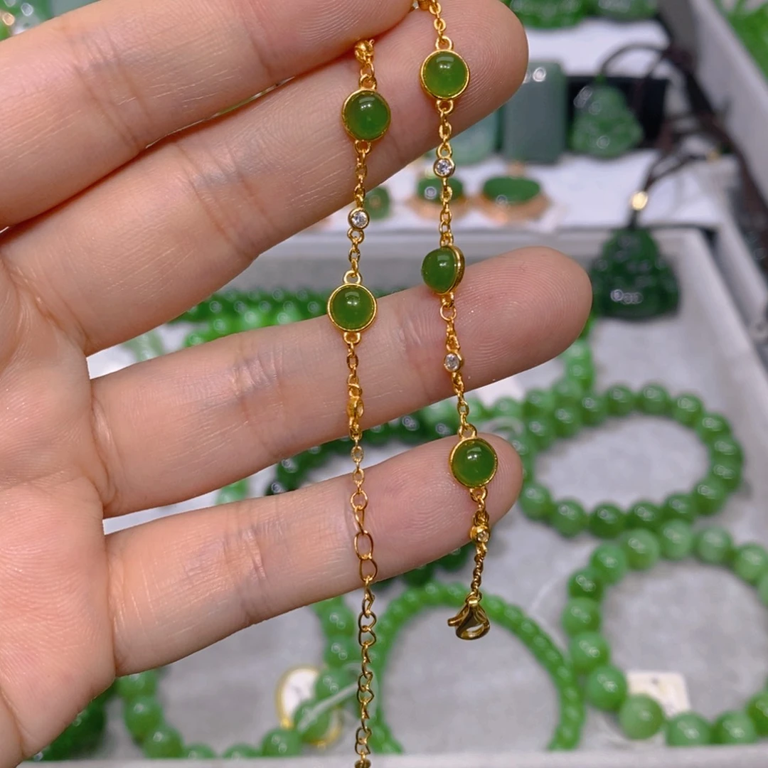 手链银S925镀金镶嵌和田玉（碧玉）