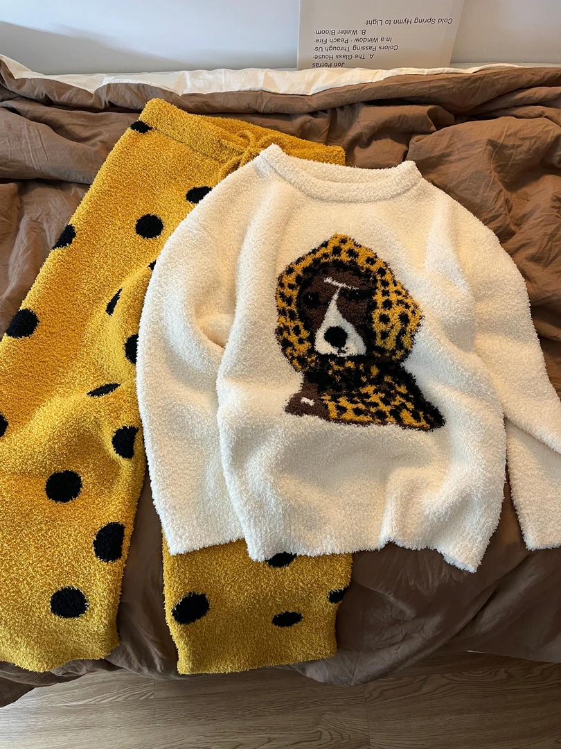 少女小狗毛绒软糯设计睡衣女秋冬居家柔软舒适保暖外穿家居服套装