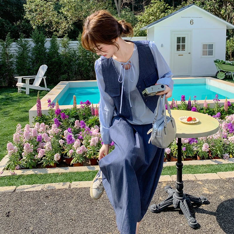 蓝色韩系学院风穿搭一整套女2025春秋季系带衬衫马季半身裙三件套