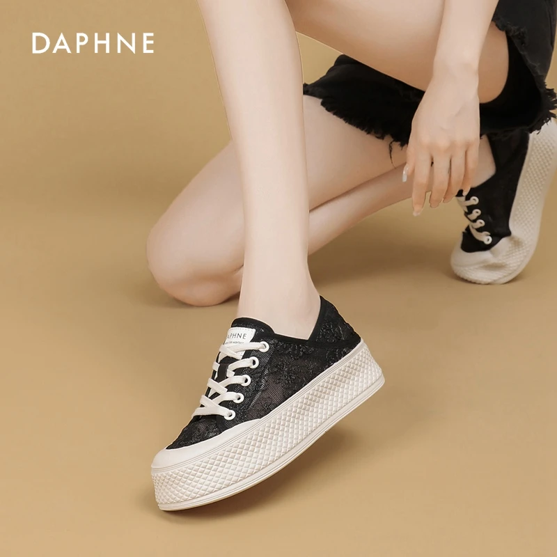 达芙妮时尚百搭镂空网面蕾丝圆头厚底低帮系带秋季女鞋透气网鞋