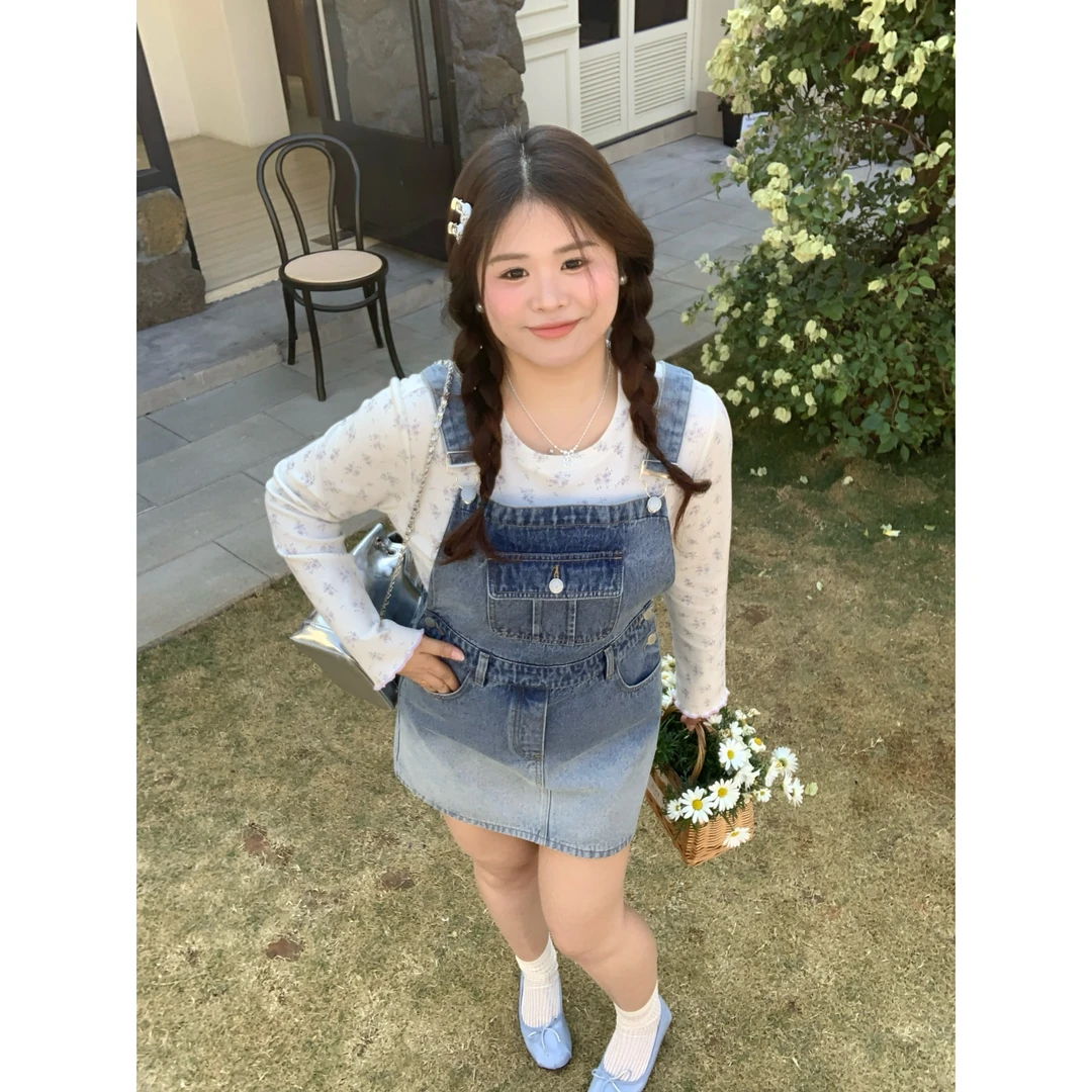 【赫敏学姐】大头婷微胖定制2025春季渐变色牛仔背带裙高腰A字短裙