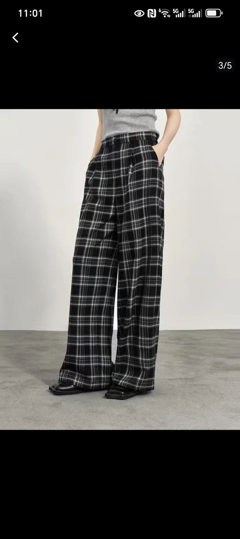 春夏装时尚百搭休闲女性格子阔腿裤高腰垂感直筒裤