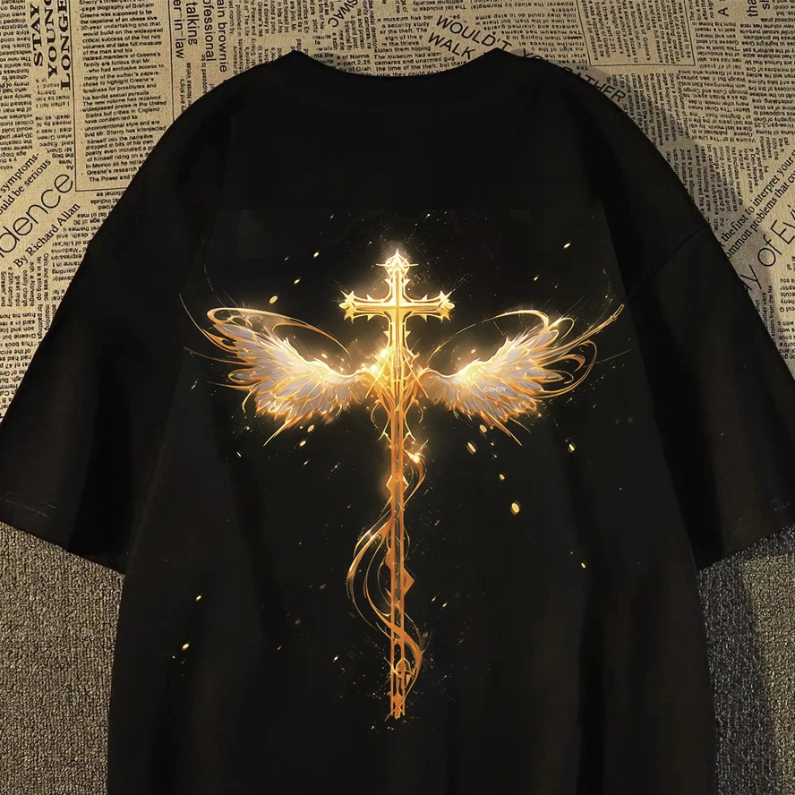 100%重磅纯棉短袖T恤男女同款夏欧美式十字架宽松男装半袖休闲ZN1