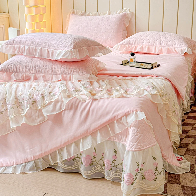 韩式空调被床盖四件套夏季夹棉床单蕾丝花边夏被可水洗机洗薄被芯