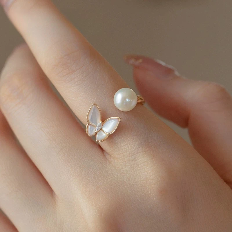 正宗纯天然淡水珍珠戒指女开口戒可调节网红设计款纯天然真品100%