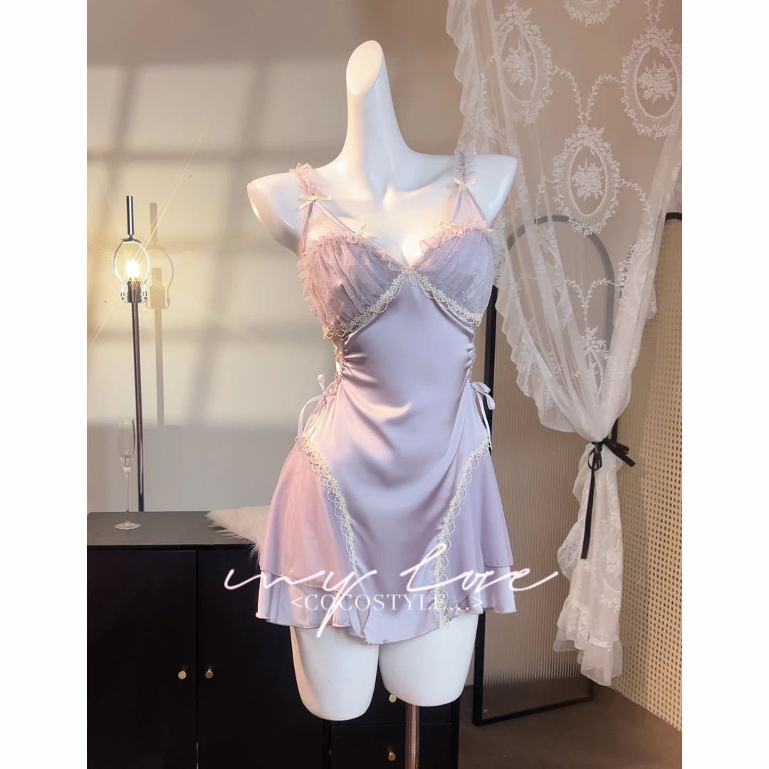 【错落仙紫】法式夏季显瘦性感睡裙带胸垫纯欲风蕾丝吊带睡衣柔光
