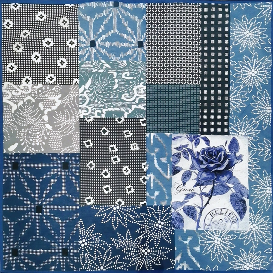 品牌高档65cm桑蚕丝手绘文艺蓝玫瑰丝巾真丝棉护颈方巾高级感礼盒