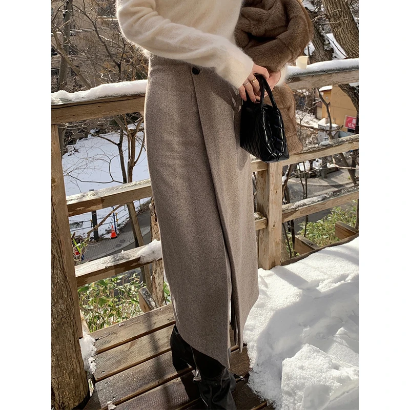 耶古法式燕麦米斜开叉人字纹直筒裙女秋冬季高腰显瘦叠门襟半身裙