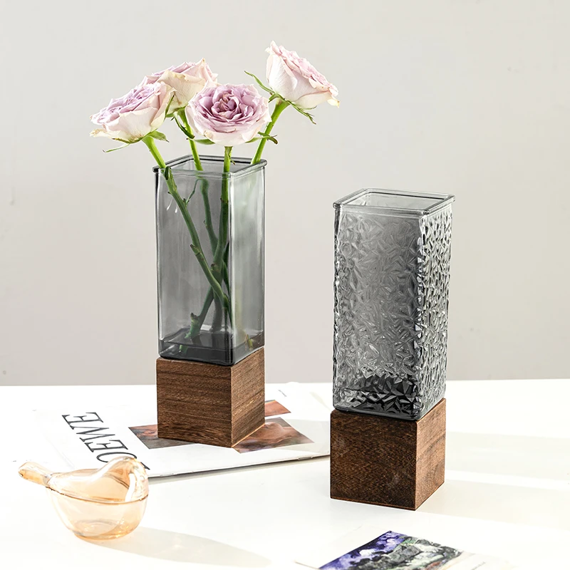 简约创意木托玻璃花瓶方口银柳插干花瓶富贵竹大花瓶客厅装饰摆件