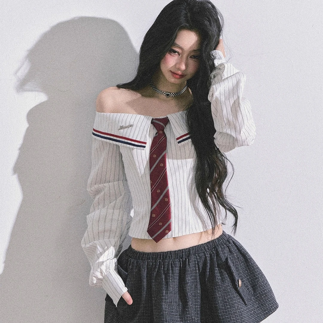 La Chapelle/拉夏贝尔秋冬款衬衫长袖秋美式一字肩条纹通勤性感锁