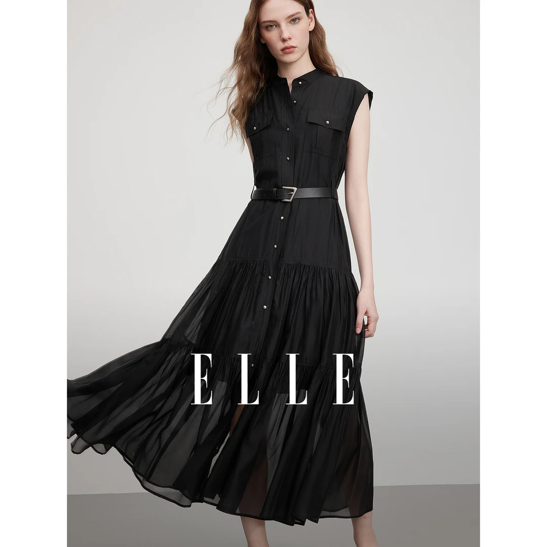 ELLE法式黑色高级感拼接无袖连衣裙女2025夏季新款通勤风EL51346