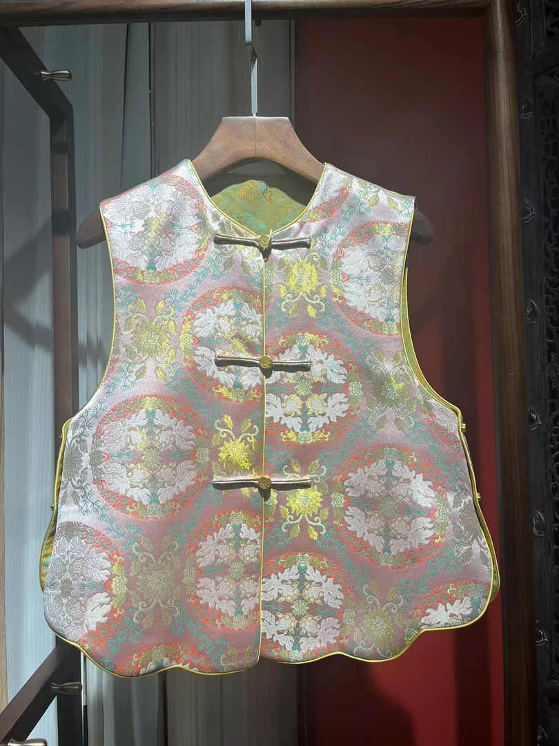 【聆夏工厂】金鱼戏莲 宋锦国风新中式提花盘扣粉色双穿穿马甲