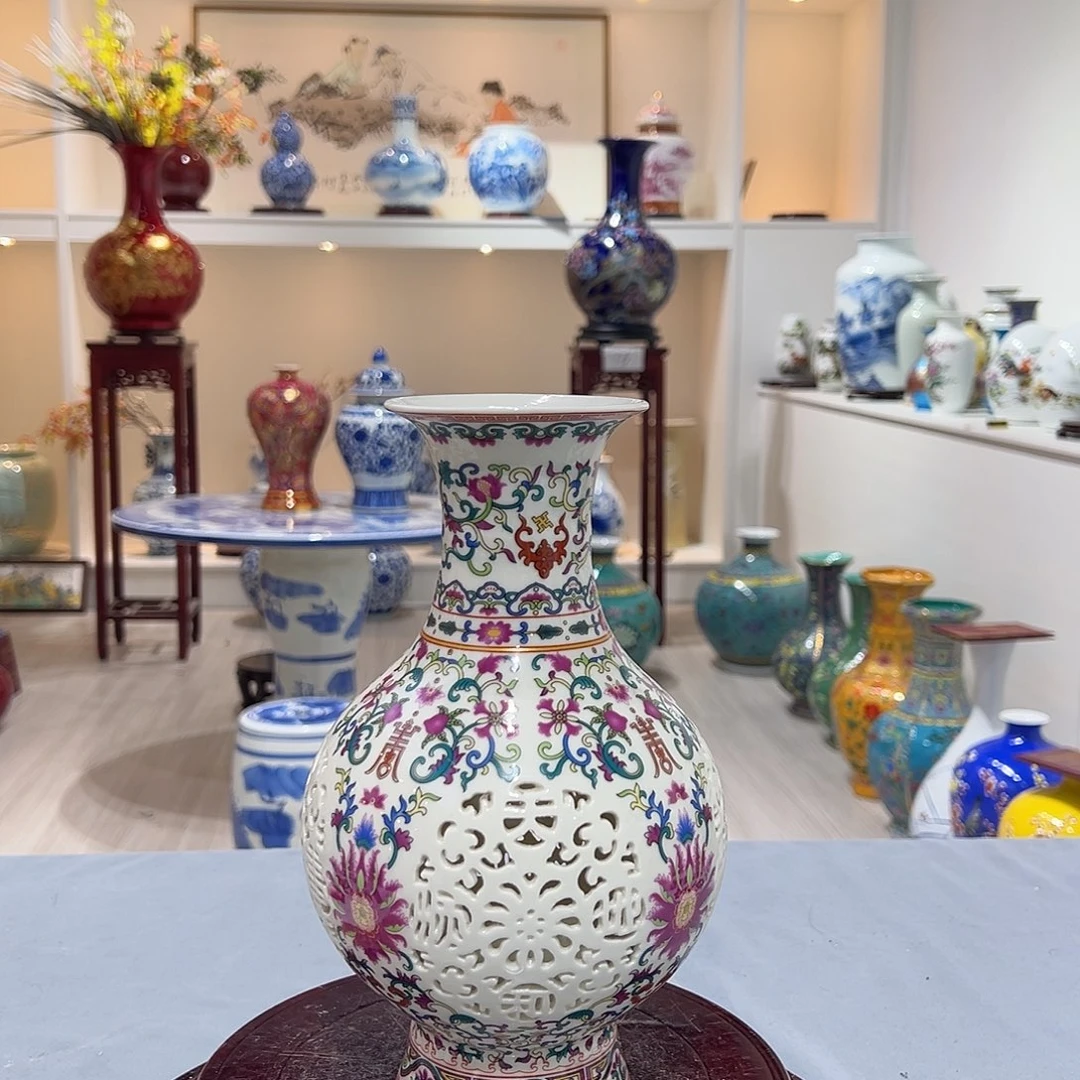 摆件陶25cm粉彩镂空赏瓶