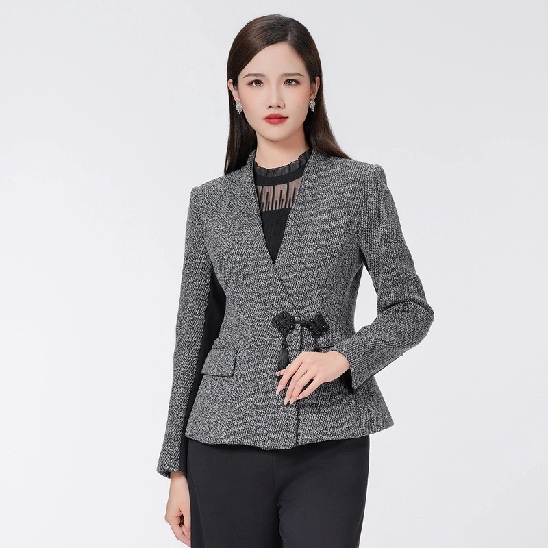 SUSSI/古色新中式秋冬新款小香风V领斜襟收腰外套小香风长袖格纹