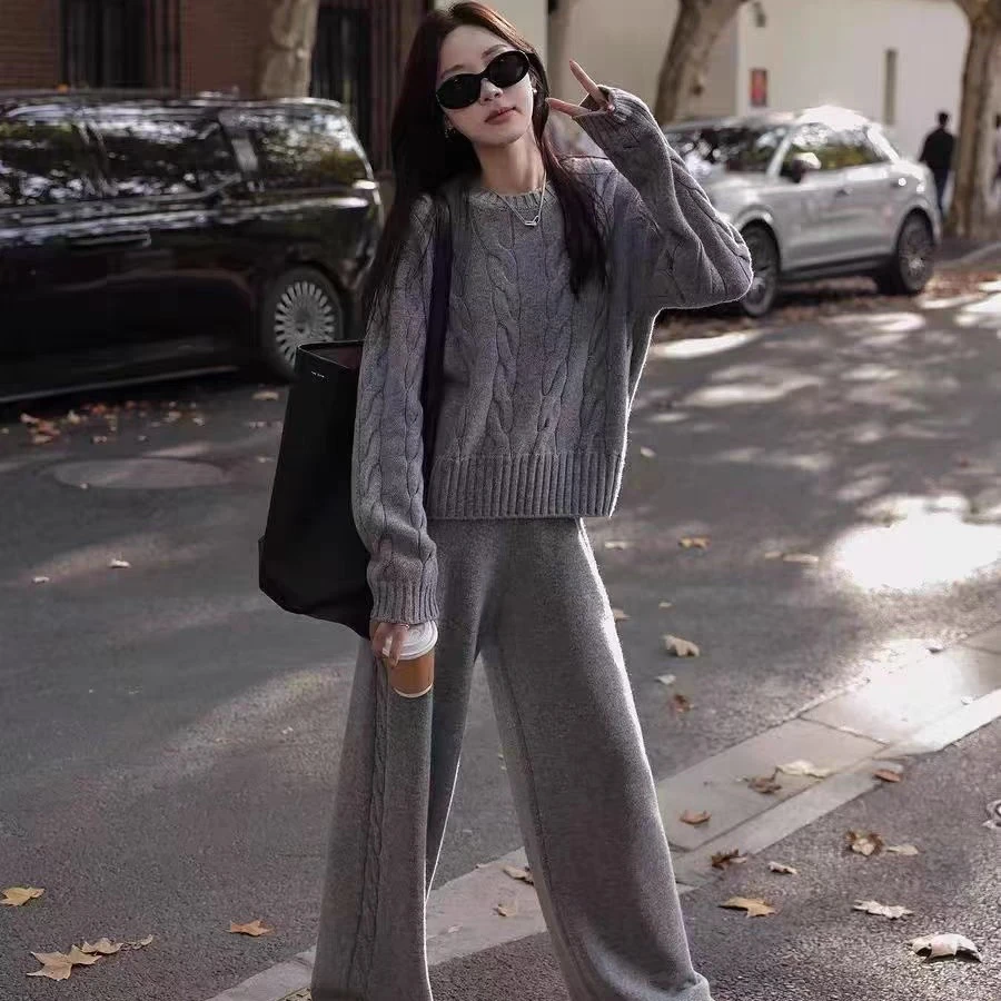 秋冬休闲慵懒风小个子宽松套头圆领麻花毛衣针织阔腿裤两件套装女
