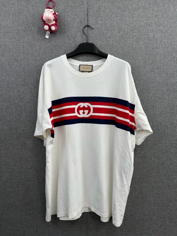 99新 GUCCI/古驰 3xl码/条纹印花 白色短袖/r347/4700