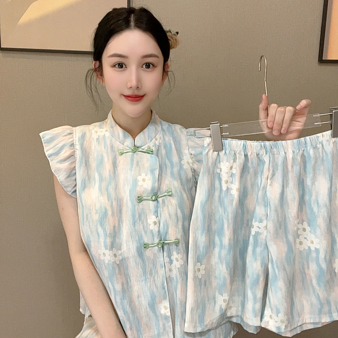 2025新款女睡衣家居服中国风优雅中式三件套装细纱棉气质夏季