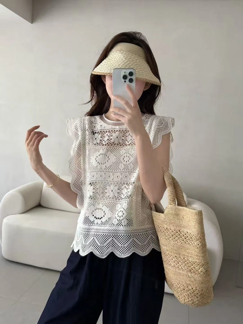 【肉总】韩版圆领小飞袖蕾丝重工钩花显瘦上衣850