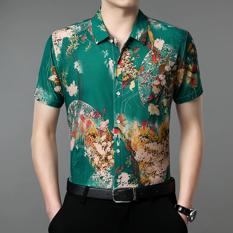 夏季新款男士时尚潮流冰感开衫印花免烫短袖衬衫高档男装中年宽松