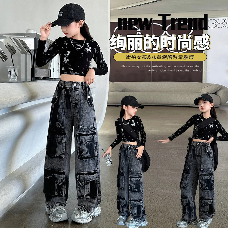 2024秋女童复古美式重磅黑灰渐变工装大口袋牛仔裤宽松阔腿长裤子