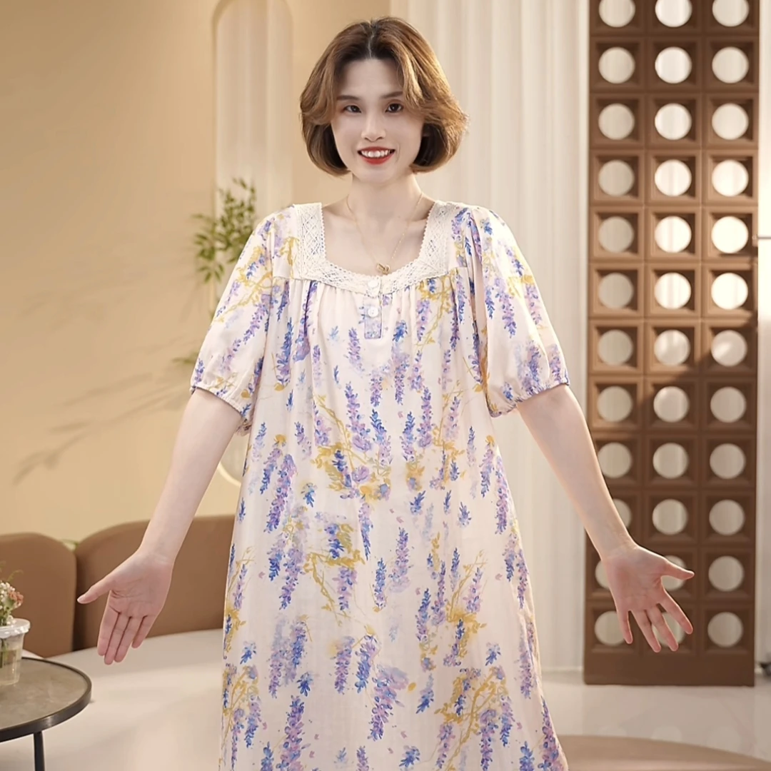 芙蓉世家【紫魅香睡裙~纯棉双层纱】夏日舒适凉快家居睡裙可外穿