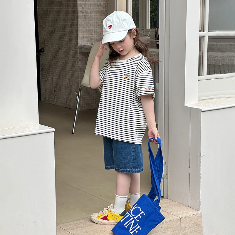 2025夏季休闲新款童装中大小男女童韩版宽松条纹卡通短袖T恤儿童
