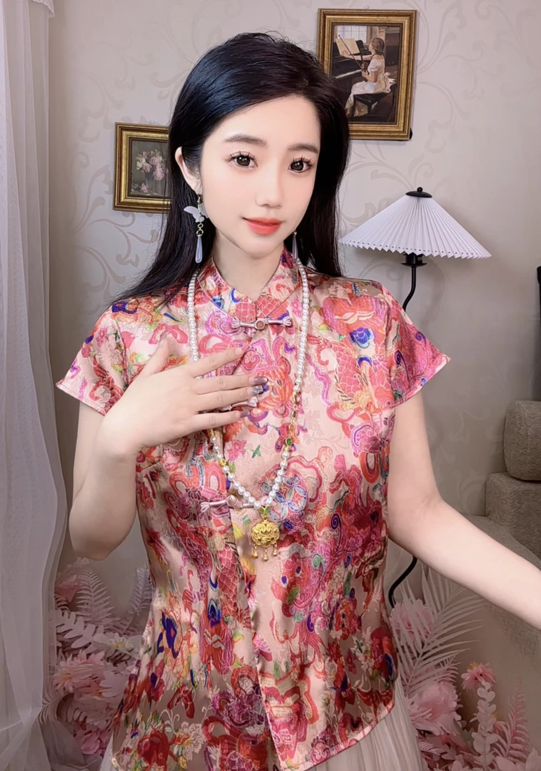 【如鱼得水】新中式重工提花短袖上衣夏季国风盘扣百搭气质衬衫9166