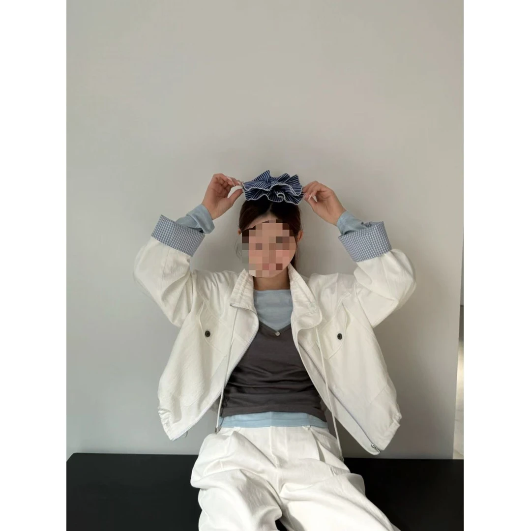 【卉子定制】韩系通勤百搭立领抽绳袖口格子撞色短风衣短外套