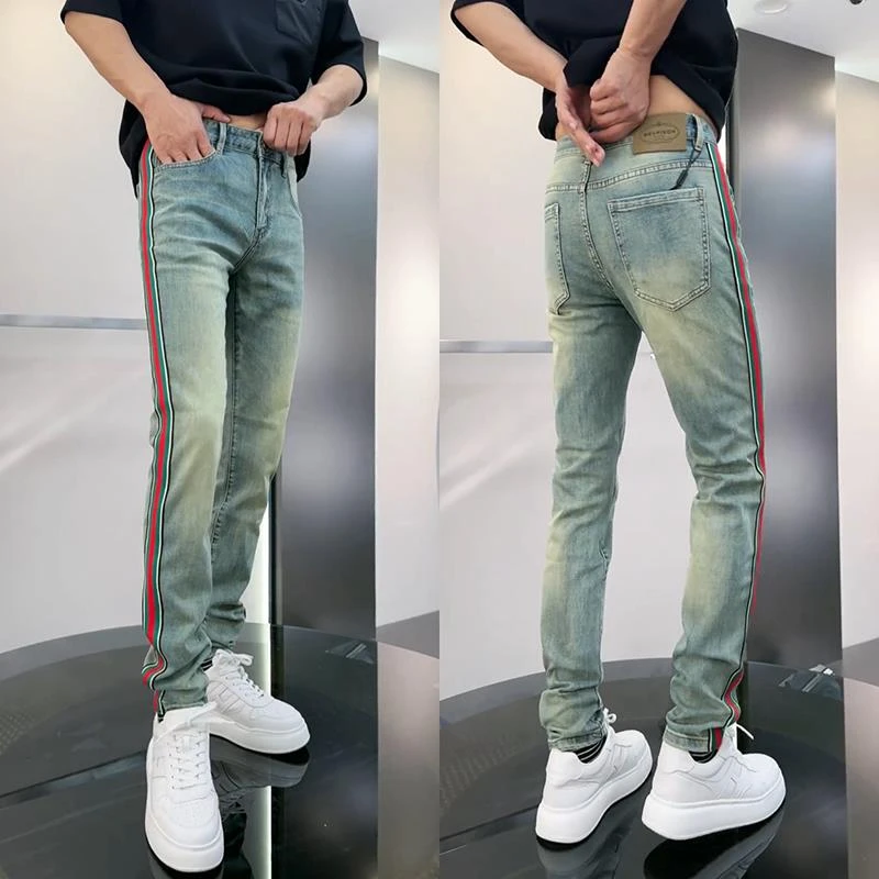 春秋轻奢欧货条纹蓝色牛仔裤男弹力修身小直脚长裤潮流穿搭休闲裤