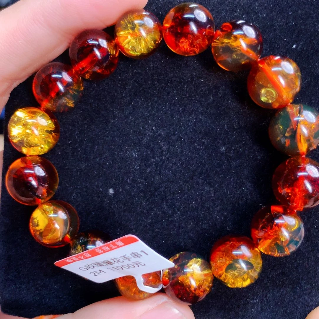 琥珀珠宝奇石未镶嵌12mm红蓝珀爆花手串