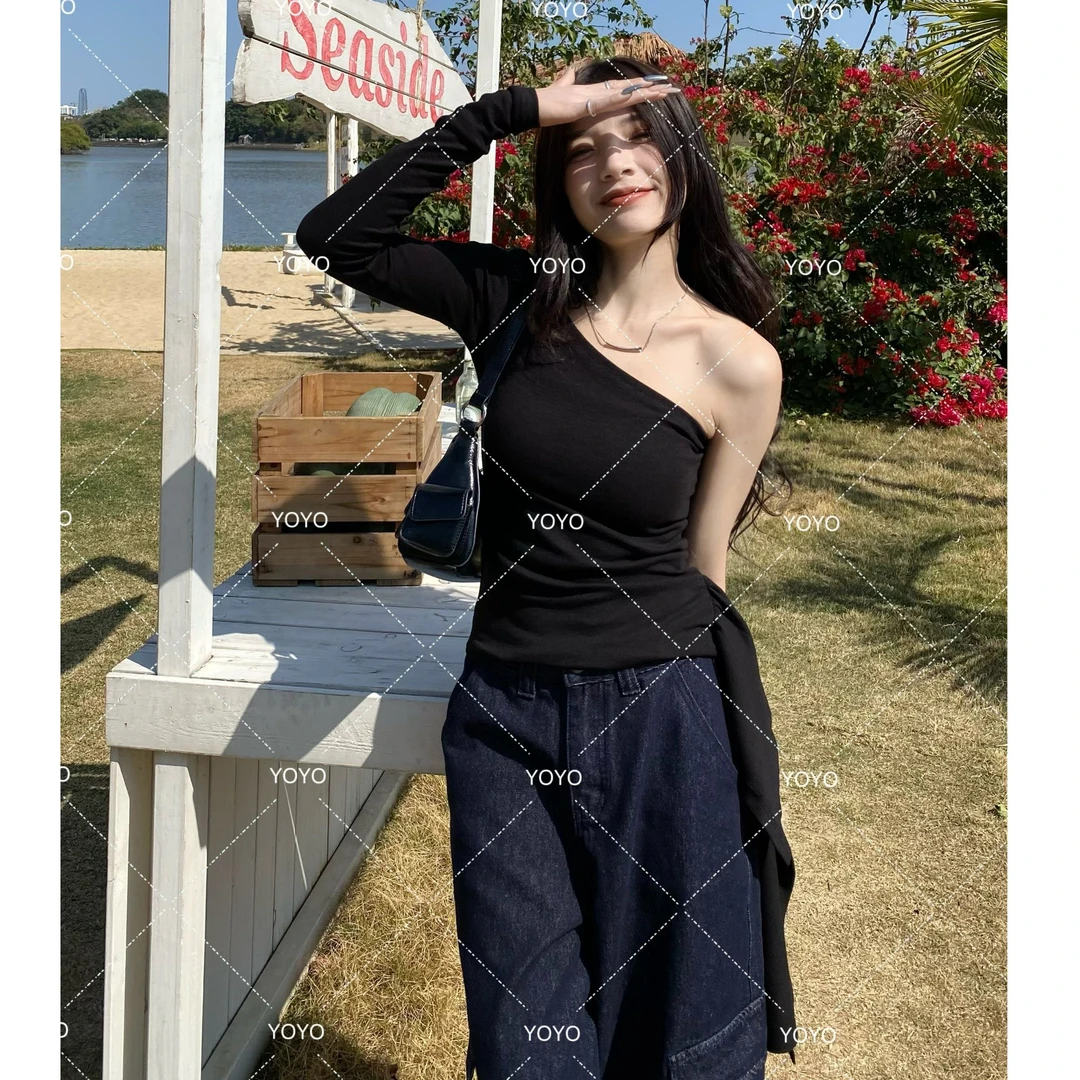 YOYO自制【清冷千金】春夏显瘦辣妹修身设计感小众露肩上衣