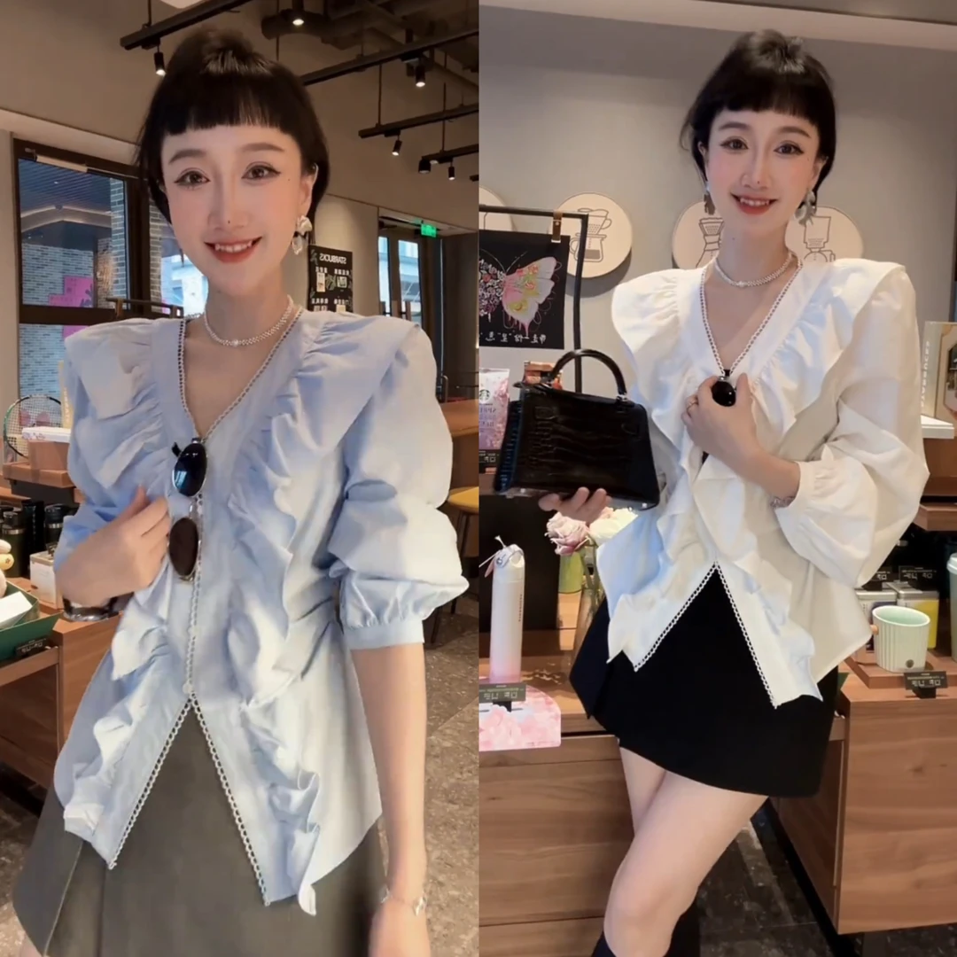 法式V领长袖衬衫气质减龄设计感上衣百搭小短裤春季新款高腰裙裤